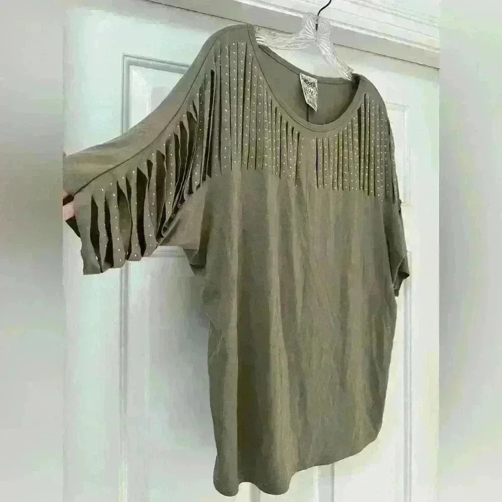 VOCAL‎ SHIRT tunic  western crystal bling sexy LASER CUT HARLEY biker rocker Med